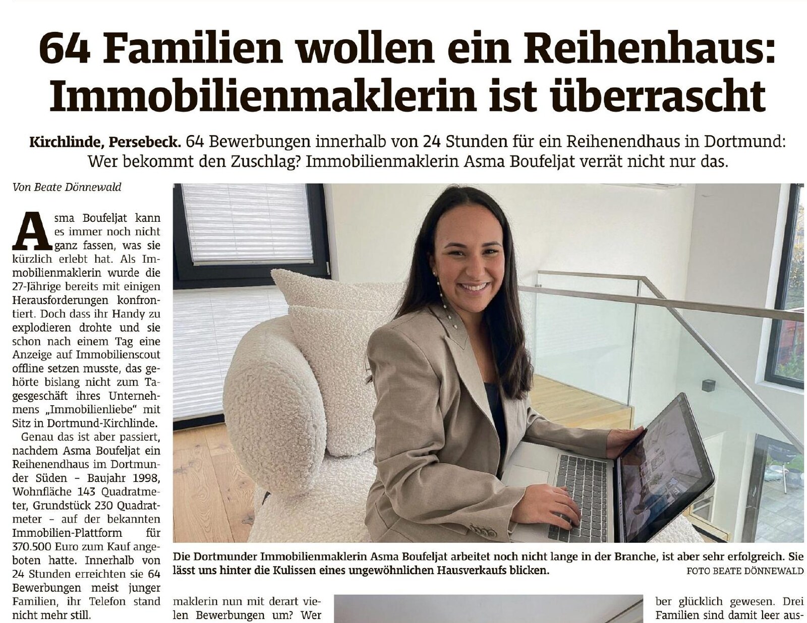 Ruhr Nachrichten Artikel über großes Interesse an einem Reihenhaus mit Immobilienmaklerin Asma Boufeljat